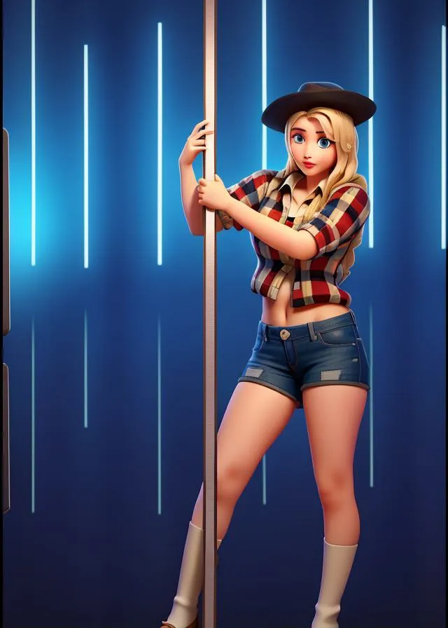 a woman in short shorts and a cowboy hat leaning against a pole