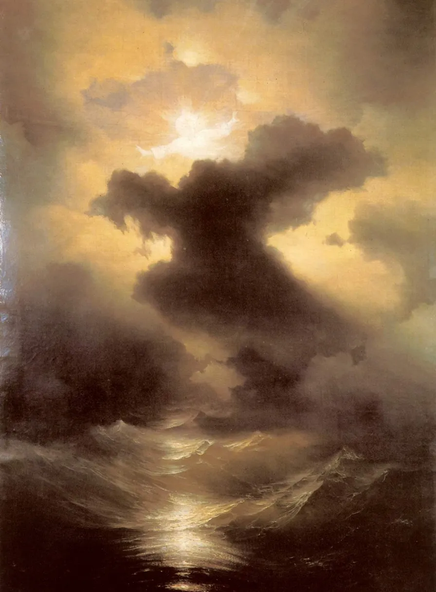 a painting of a cloudy sky over a body of water