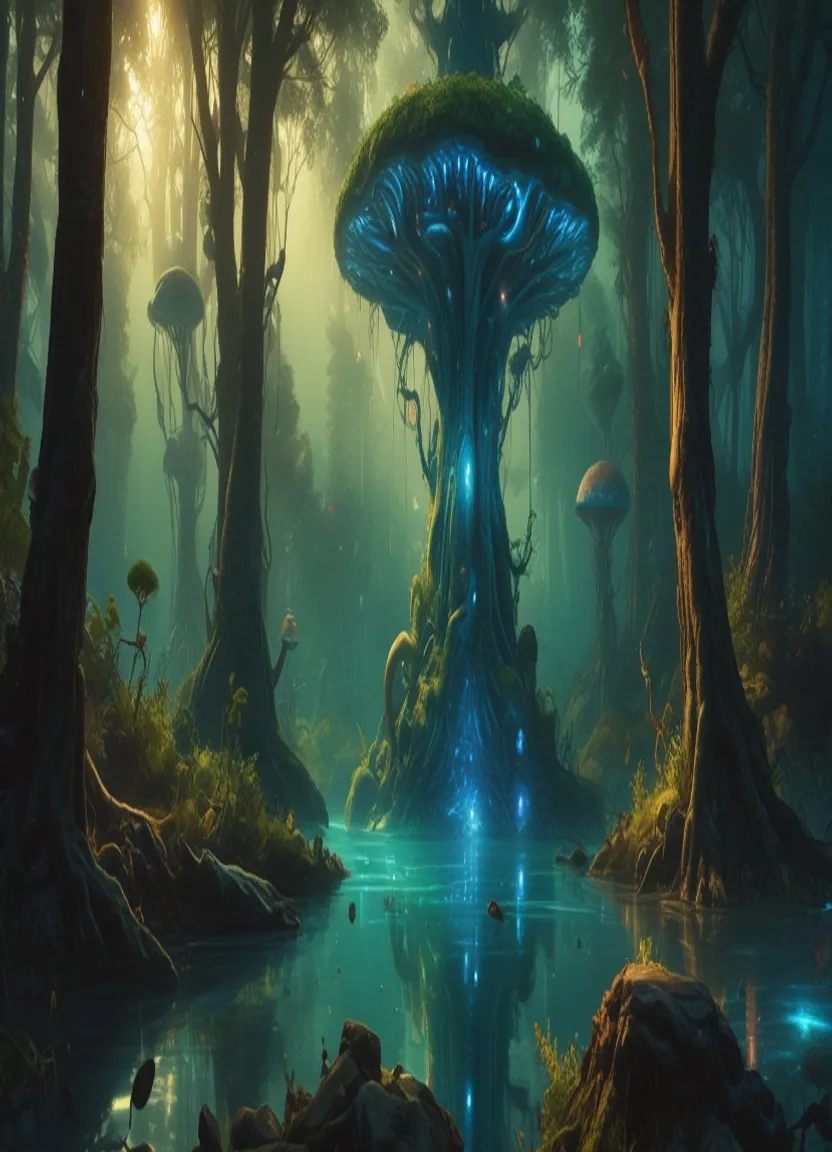 a painting of a forest with a blue mushroom like structure in the middle of the