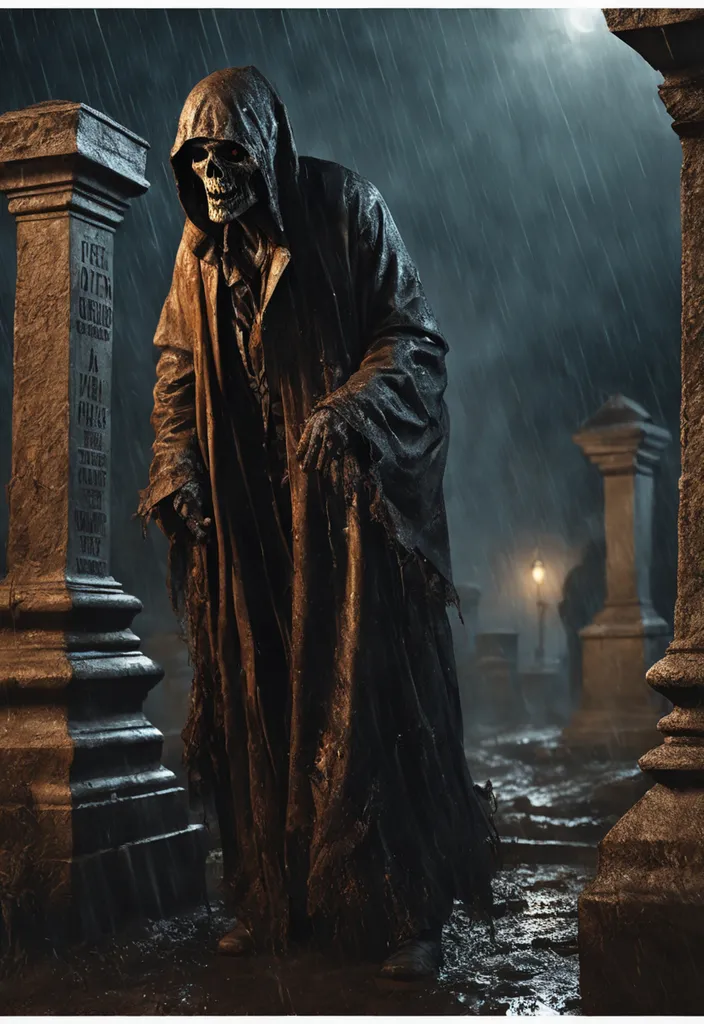 a man in a hooded costume standing in the rain