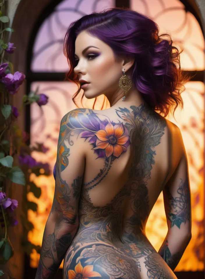 a woman with tattoos on her back standing in front of a window