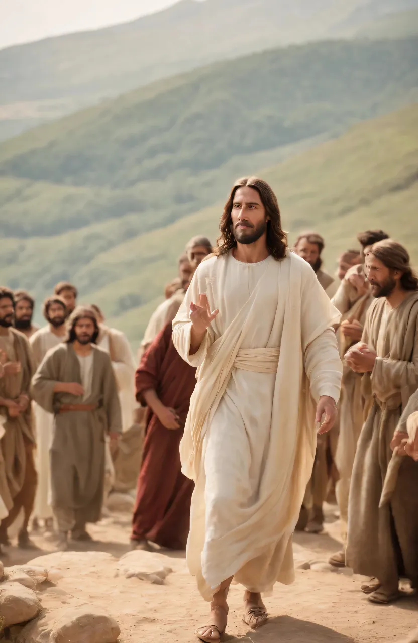 jesus walking in front of a group of people