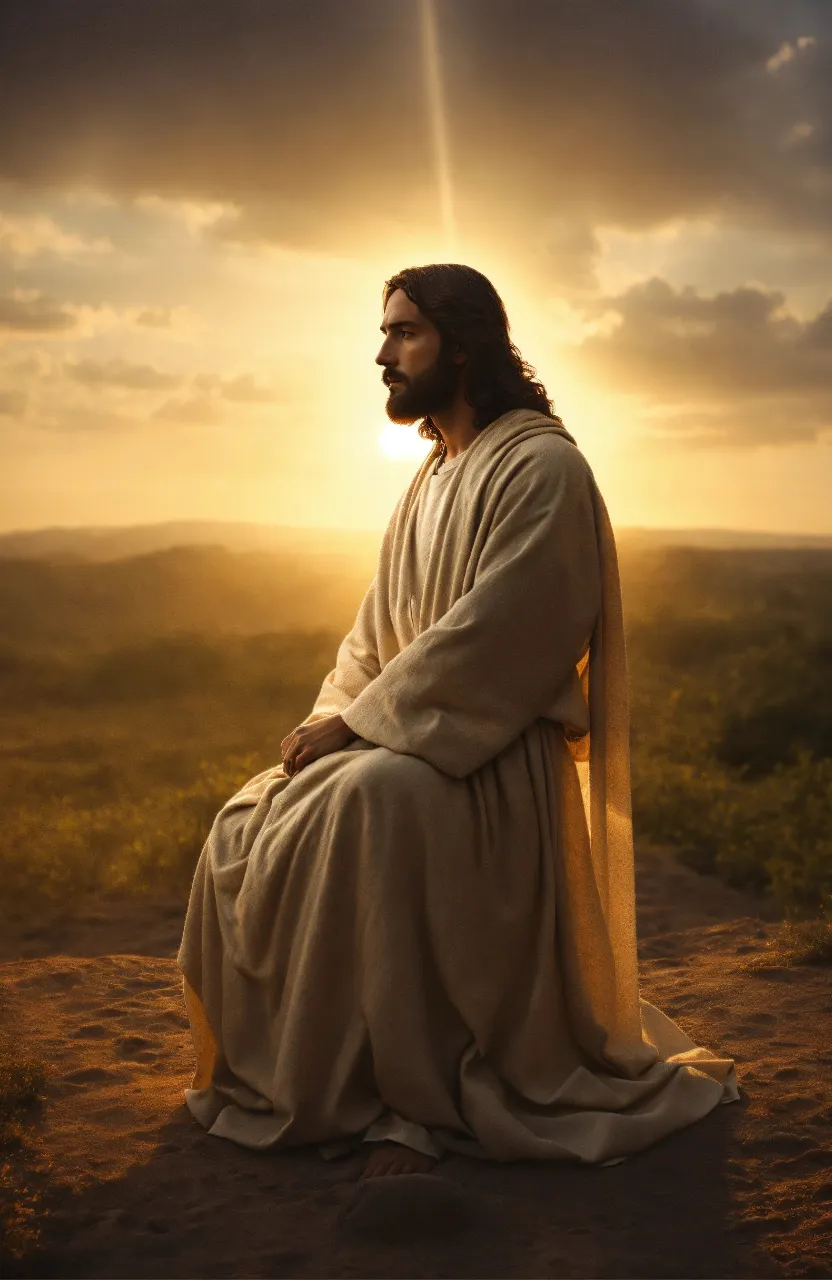 jesus sitting on a hill with the sun behind him