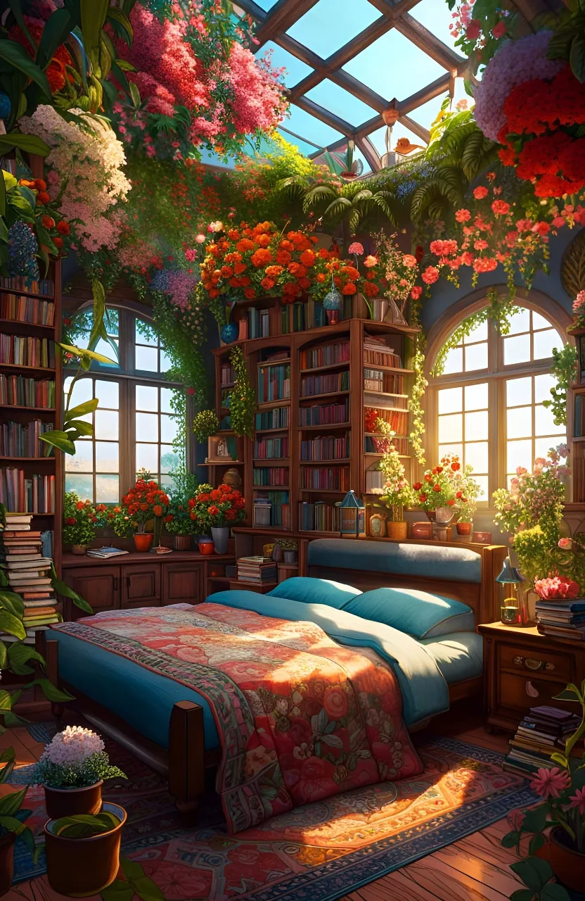 a room with a bed, bookshelf, flowers and a window