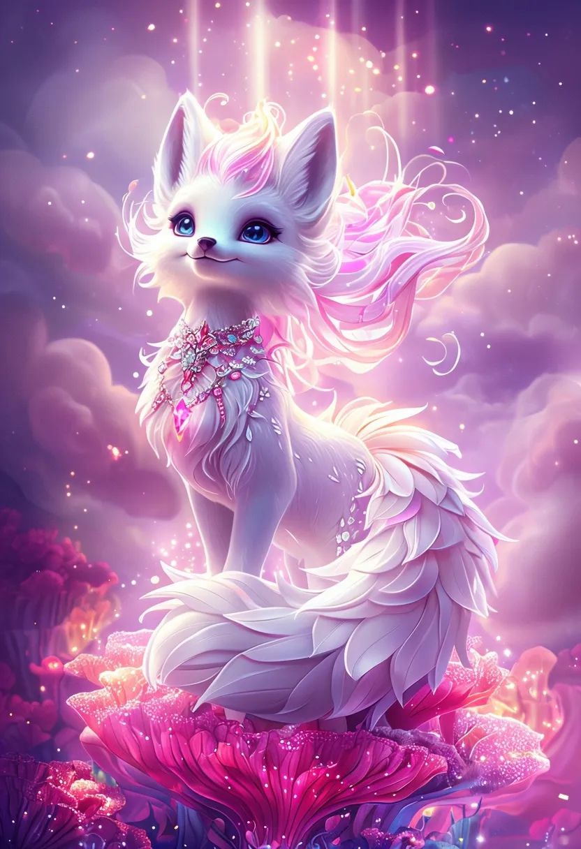 a painting of a white fox sitting on top of a flower