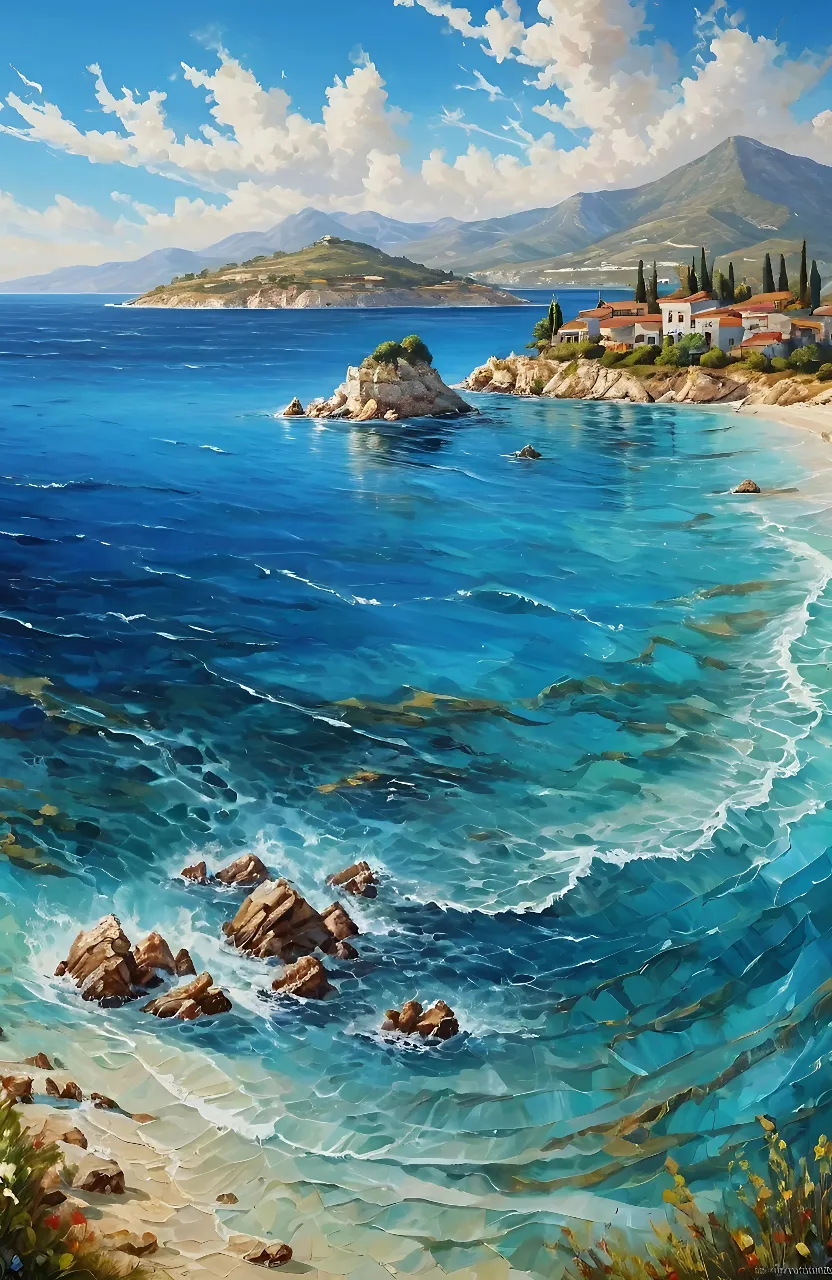 a painting of a beach with blue water