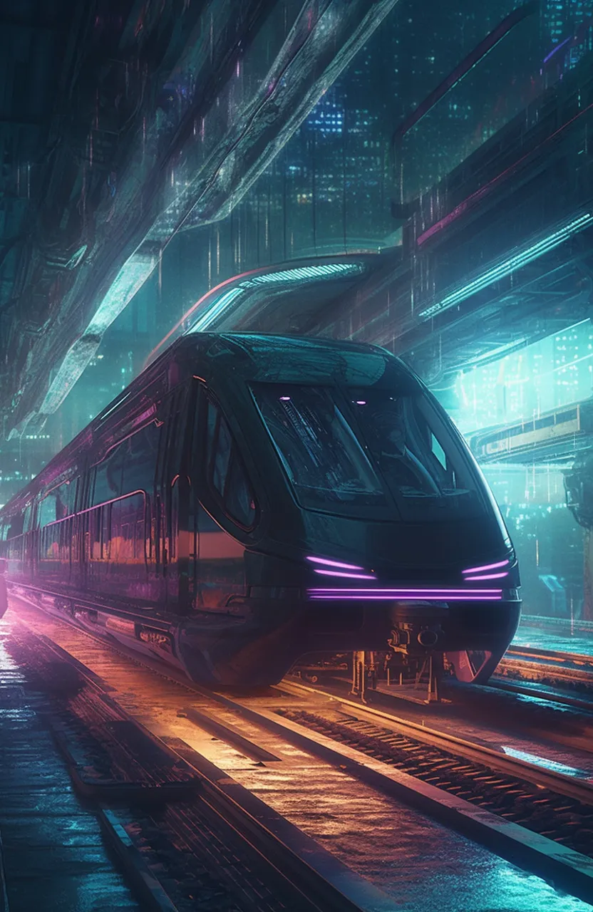 a train traveling through a city at night