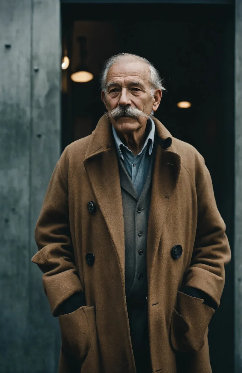 a man with a mustache standing in front of a door