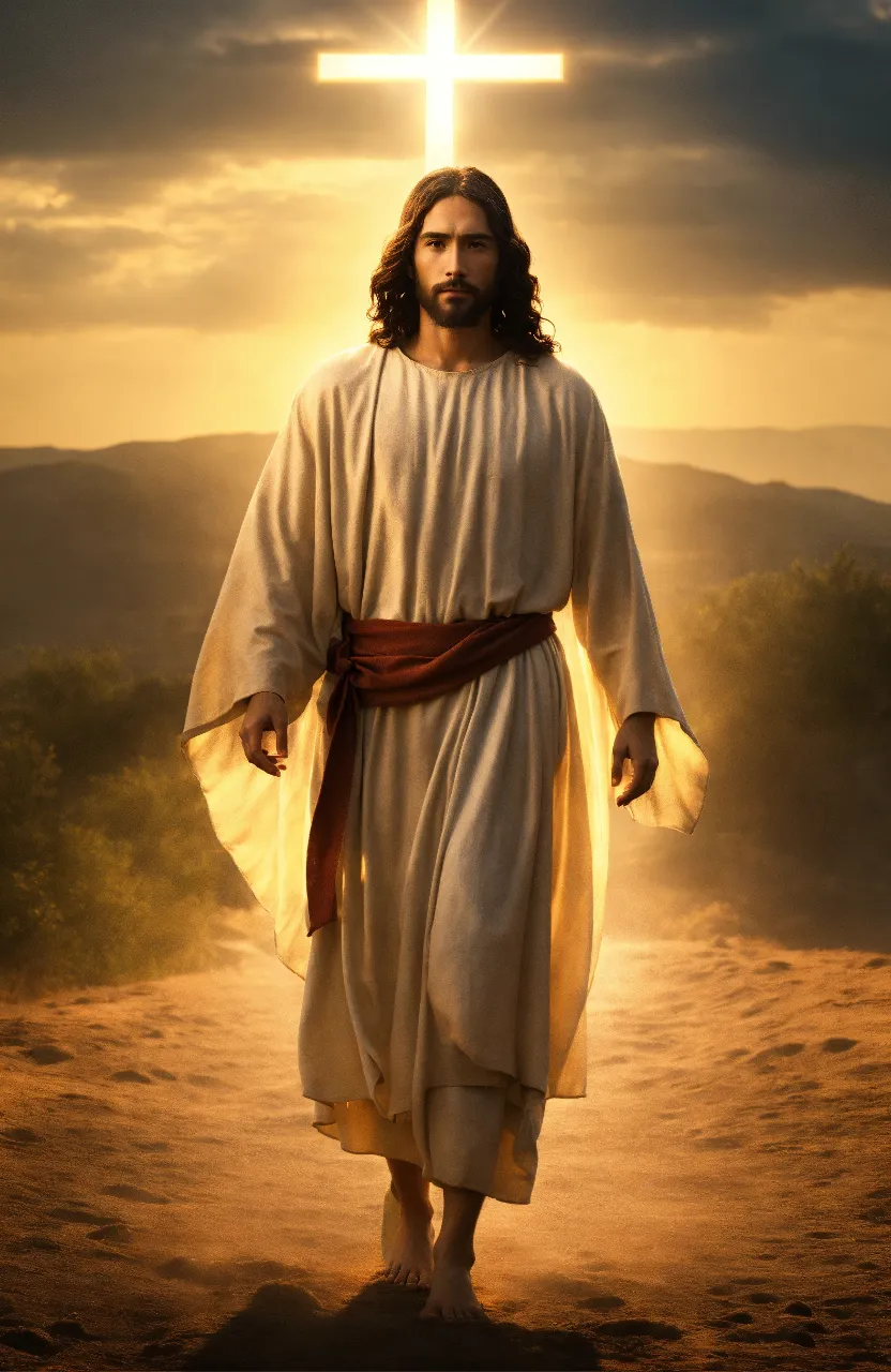 jesus walking down a dirt road with a cross in the background