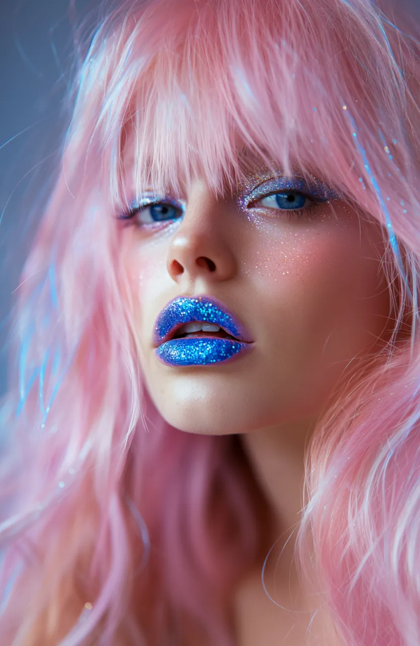 a woman with pink hair and blue makeup