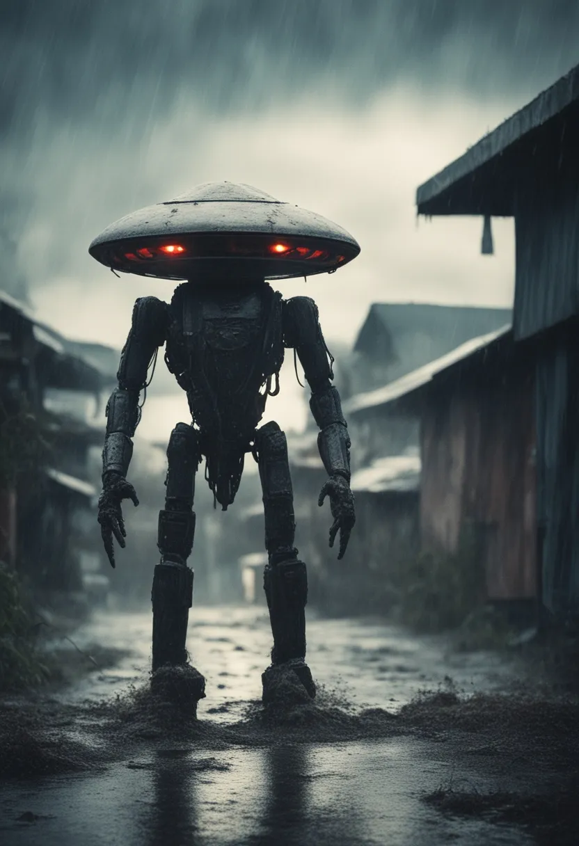 a robot standing in the rain with a red light on its head