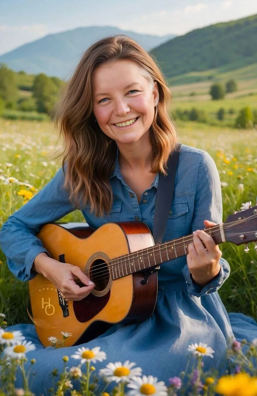 a woman sitting in a field with a guitar