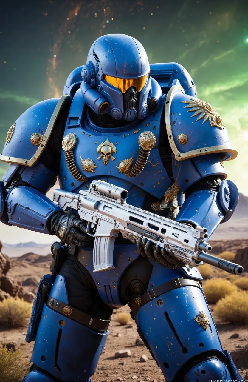 a warhammer 40K Space Marine holding a gun