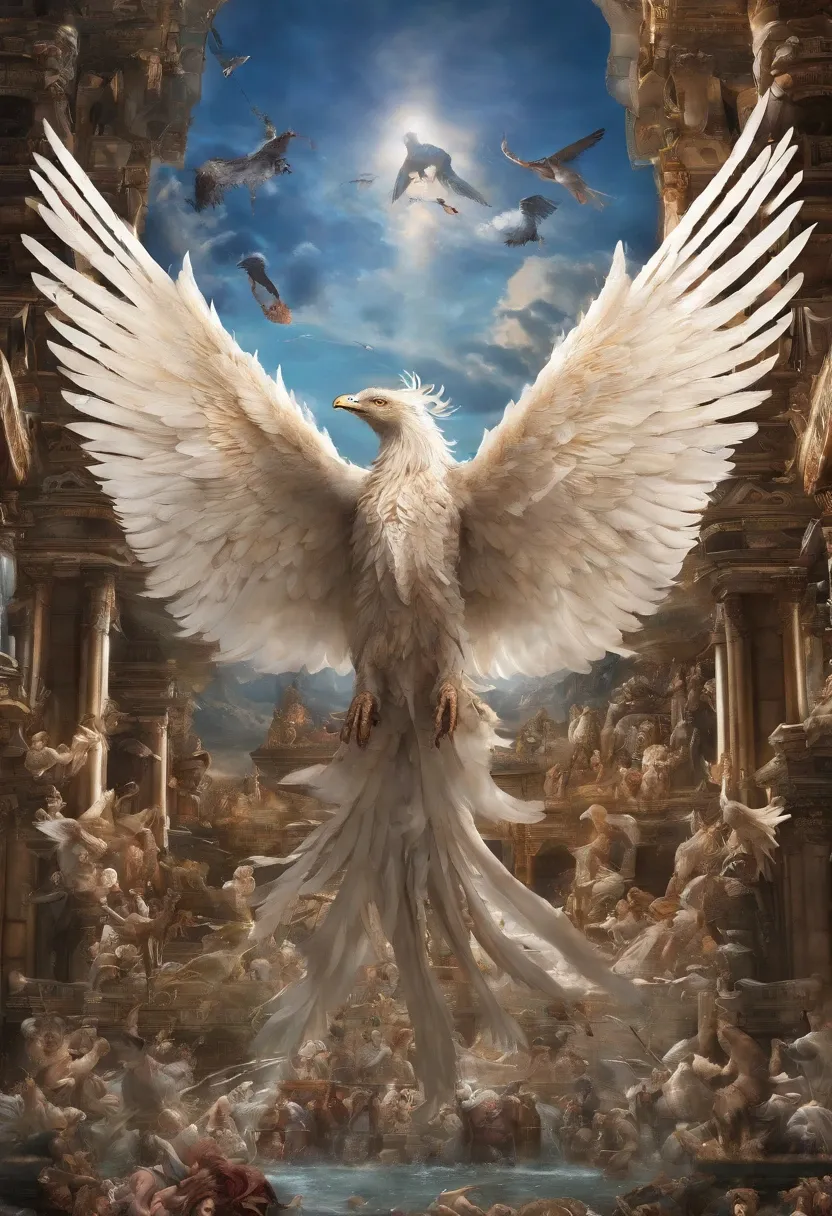 a painting of a white Phoenix with outstretched wings 