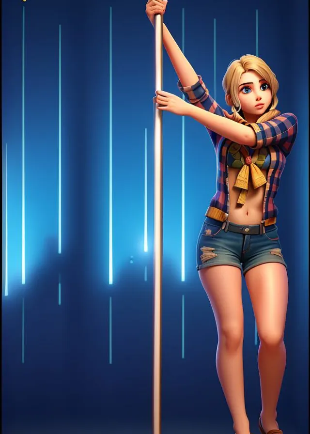 a woman holding a pole in front of a blue background Two legs two hands 