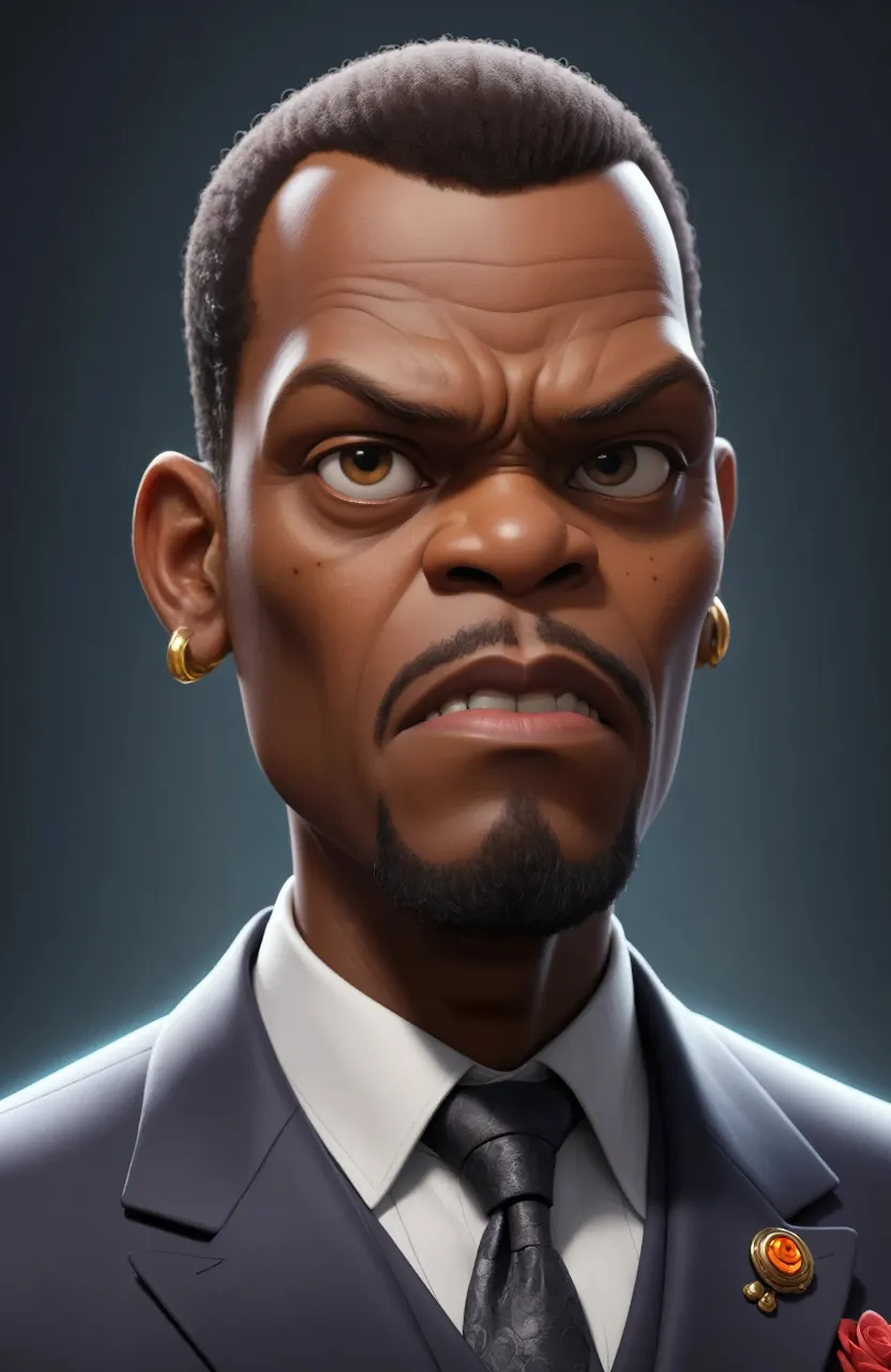 a Pixar style cartoon of a Samuel L Jackson in a suit and tie