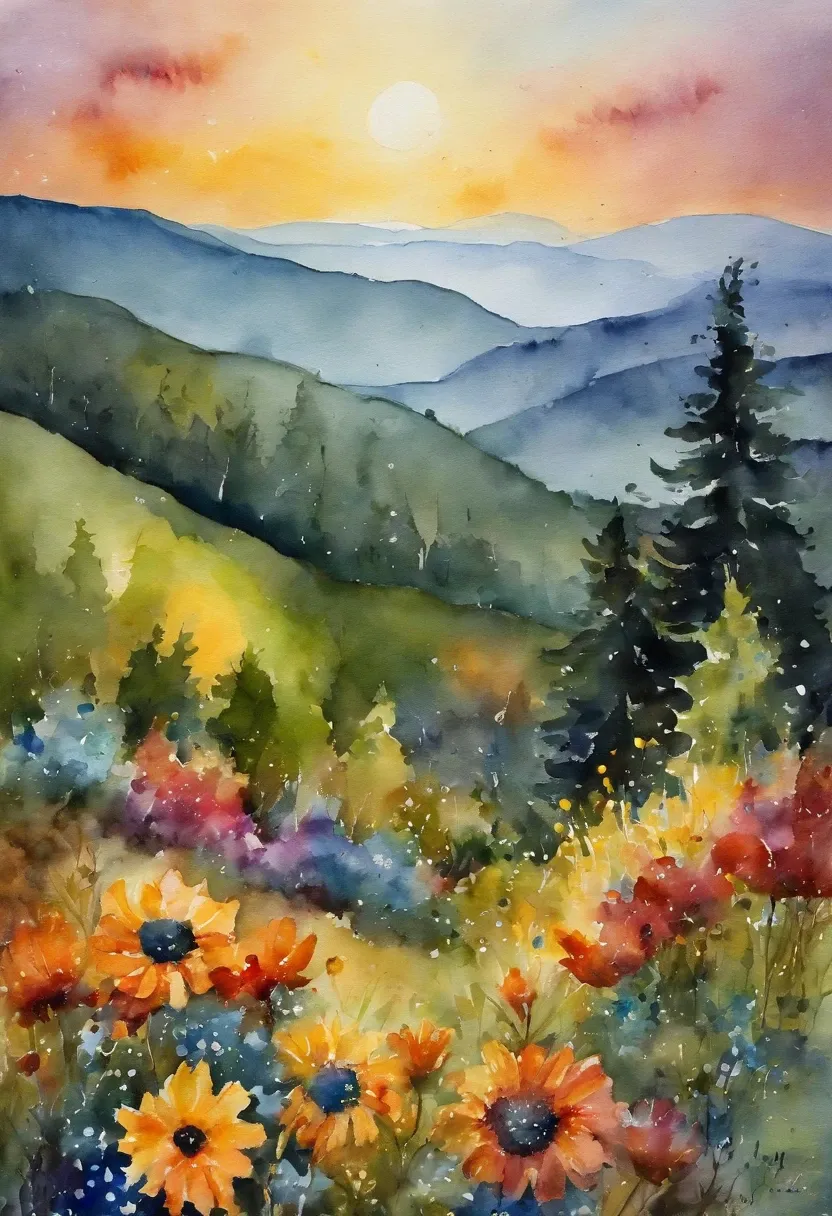 a painting of a mountain sunset scene with flowers