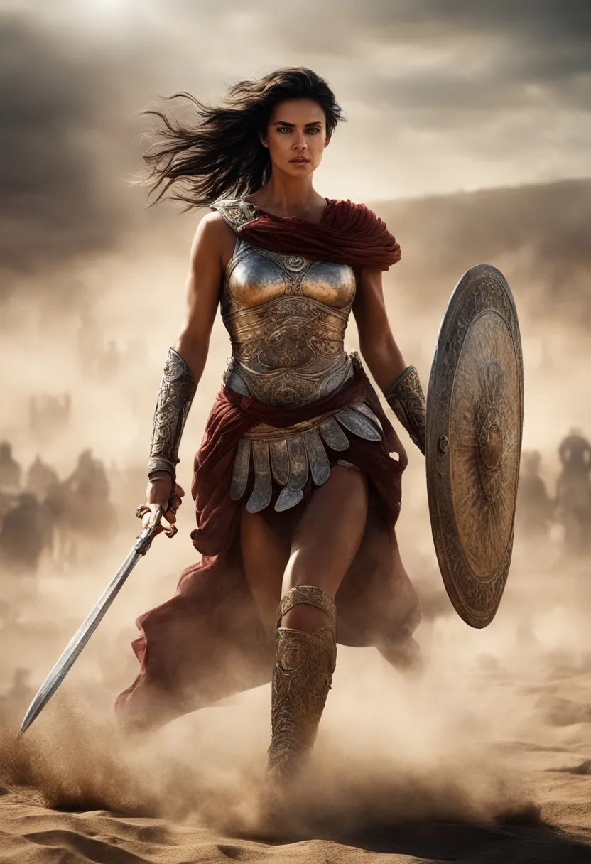 a woman dressed as a warrior holding a sword and shield