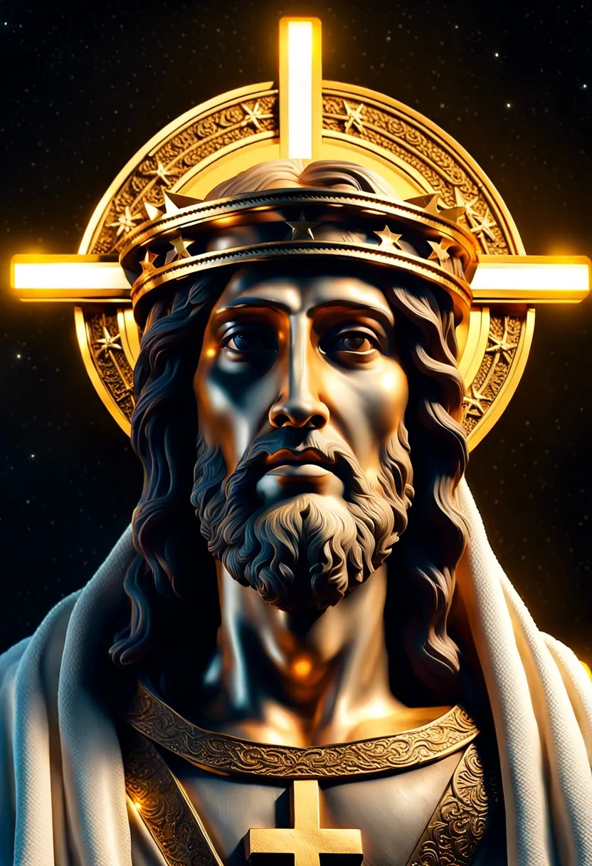 a statue of jesus wearing a crown and holding a cross