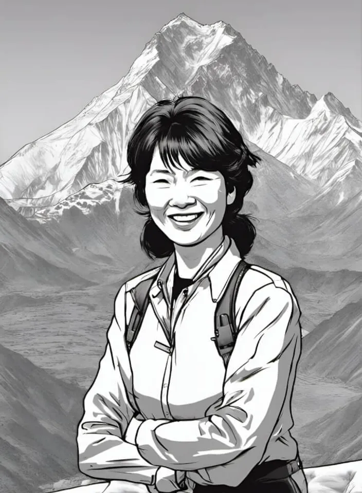 a black and white drawing of a woman with a everest mountain in the background