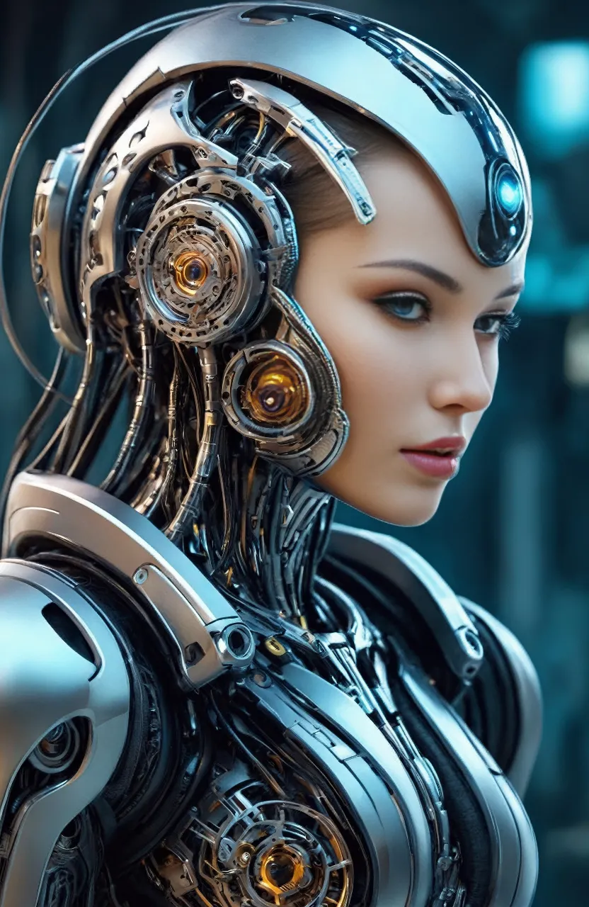 a woman in a futuristic suit with a robotic head