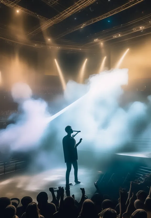 a man standing on top of a stage holding a microphone