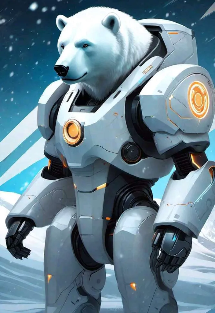 Mechanical Polar Bear standing in a snowstorm. Anime Aesthetic. , advertising style