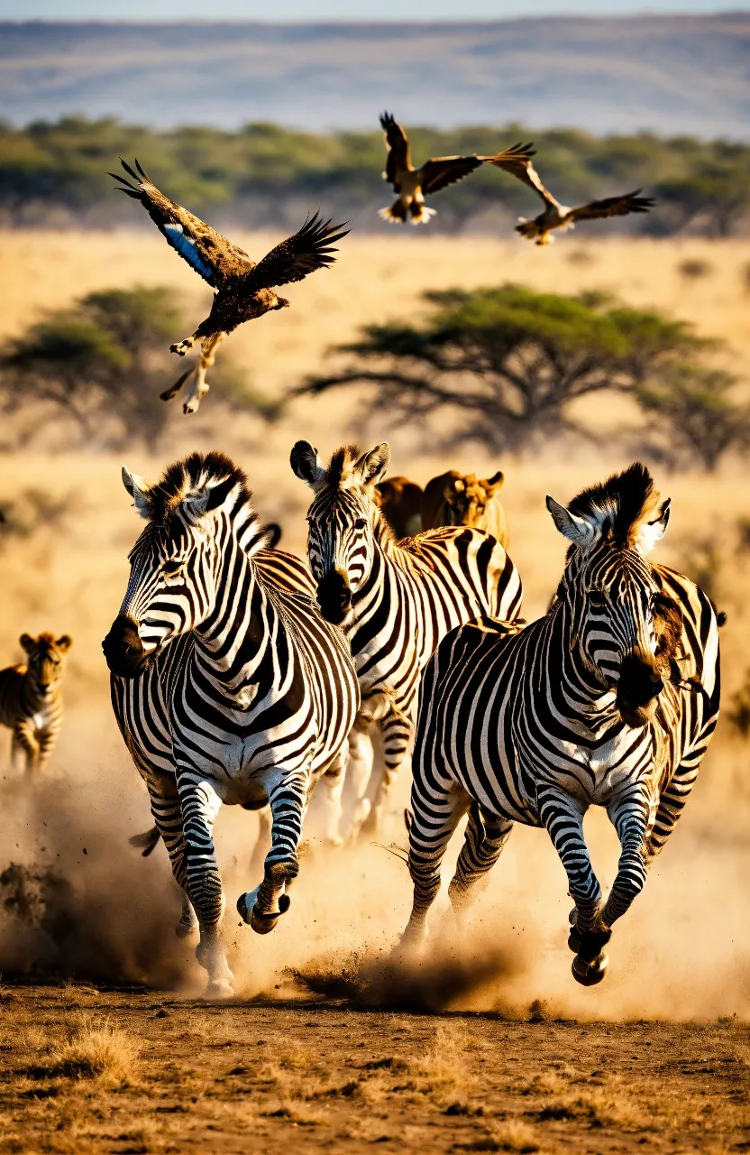 a herd of zebra running across a dry grass field