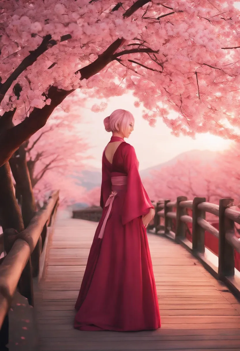 a woman in a red dress standing on a bridge