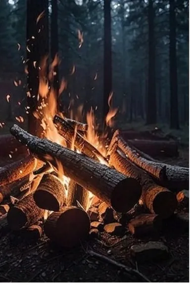 a fire in the middle of a forest filled with logs