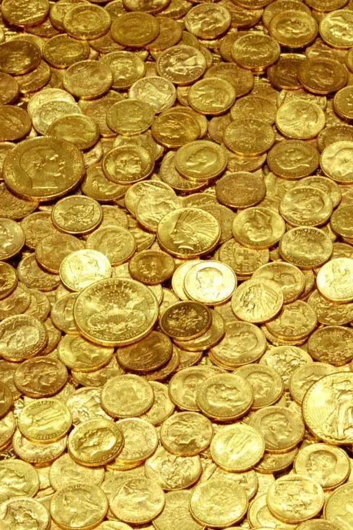 a pile of gold coins sitting on top of a table