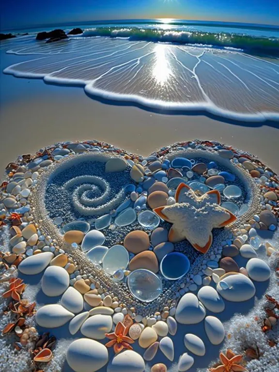 a heart made out of seashells on a beach