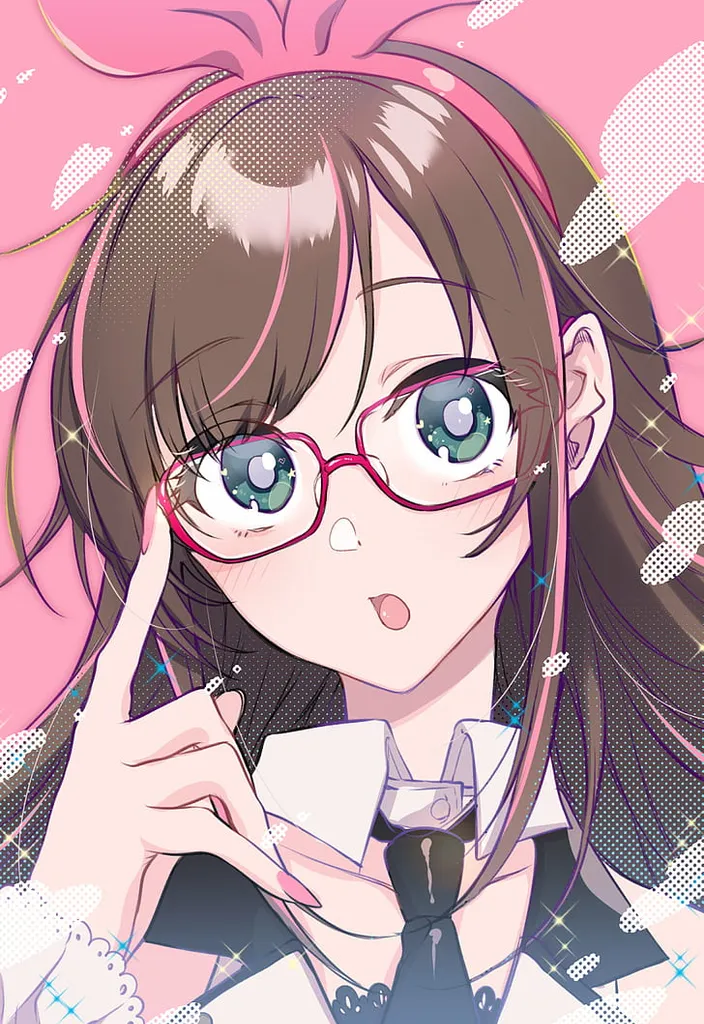 a girl with glasses and a pink background