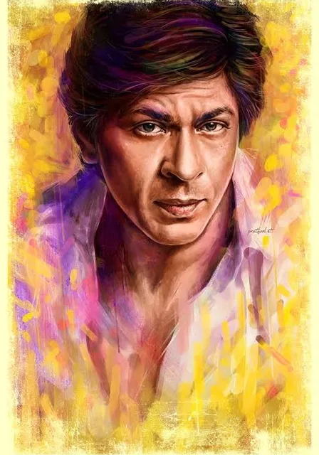 a painting of  shah Rukh Khan n a white shirt