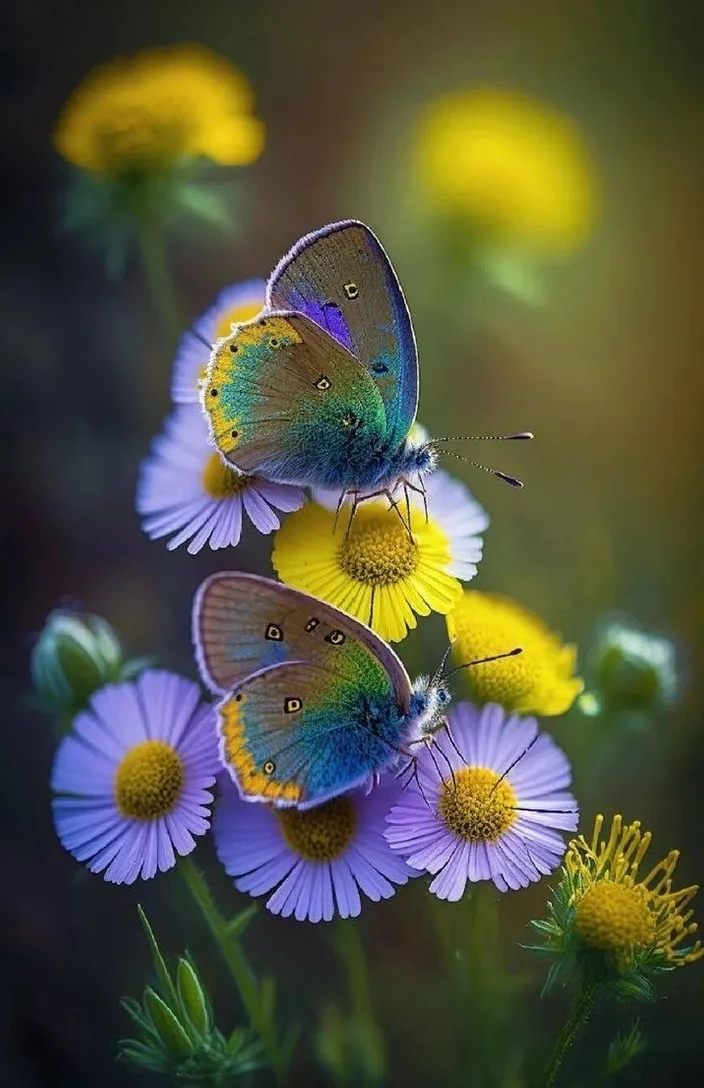 a group of butterflies sitting on top of purple flowers