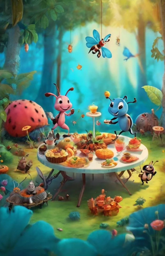 a cartoon scene of a table with bugs and a lady bug