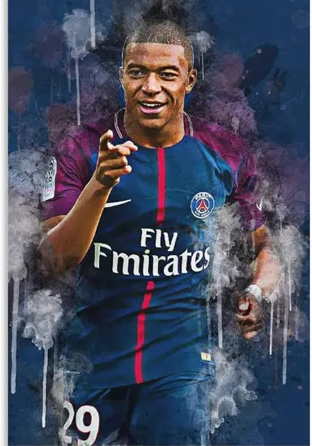 a painting of a kylian mbappe holding a soccer ball