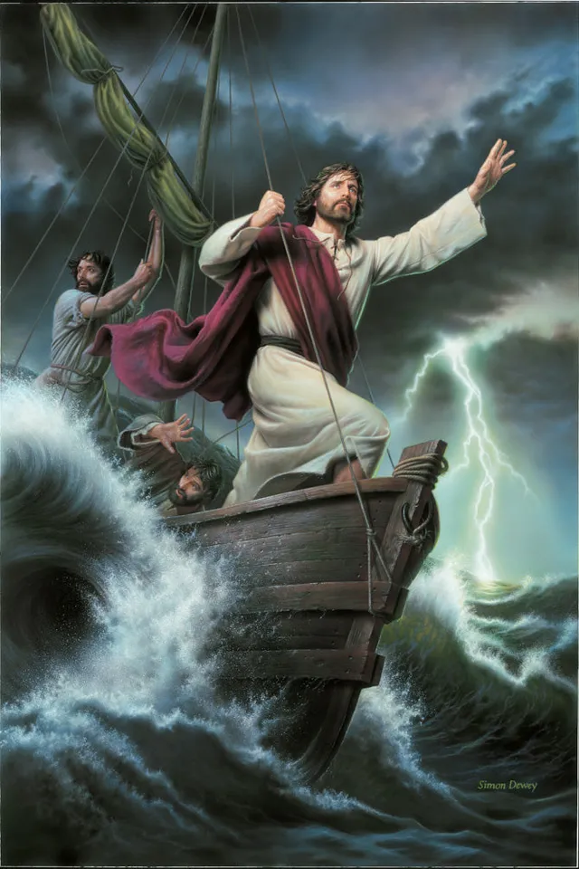 a painting of jesus on a boat in a storm