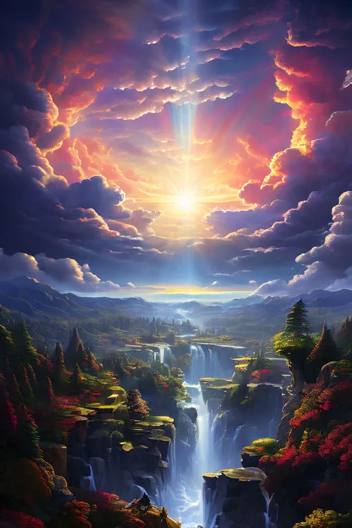 a painting of a waterfall surrounded by clouds