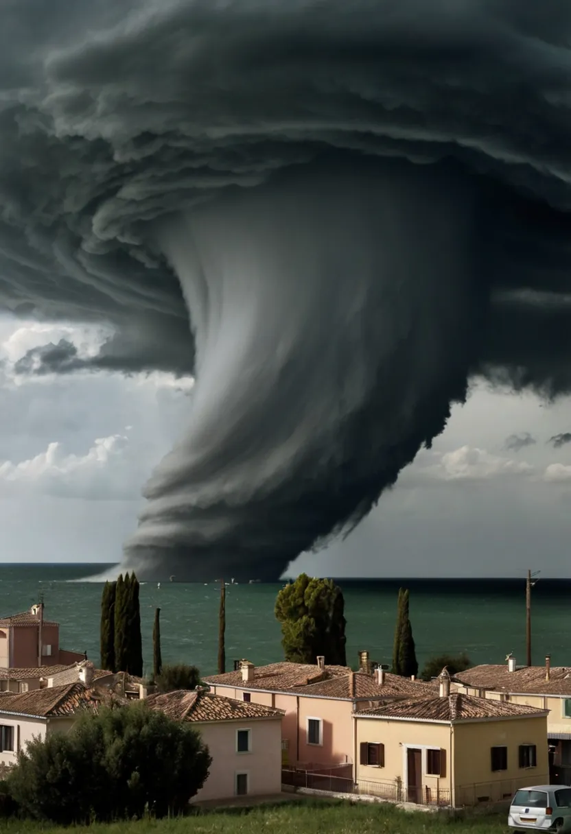 realistic a large storm cloud is in the sky over a town