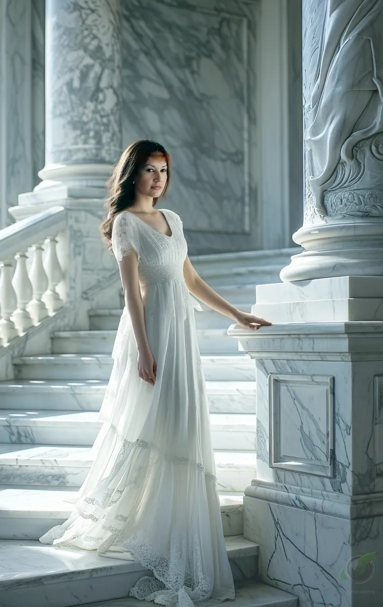 a woman in a white dress standing on some steps