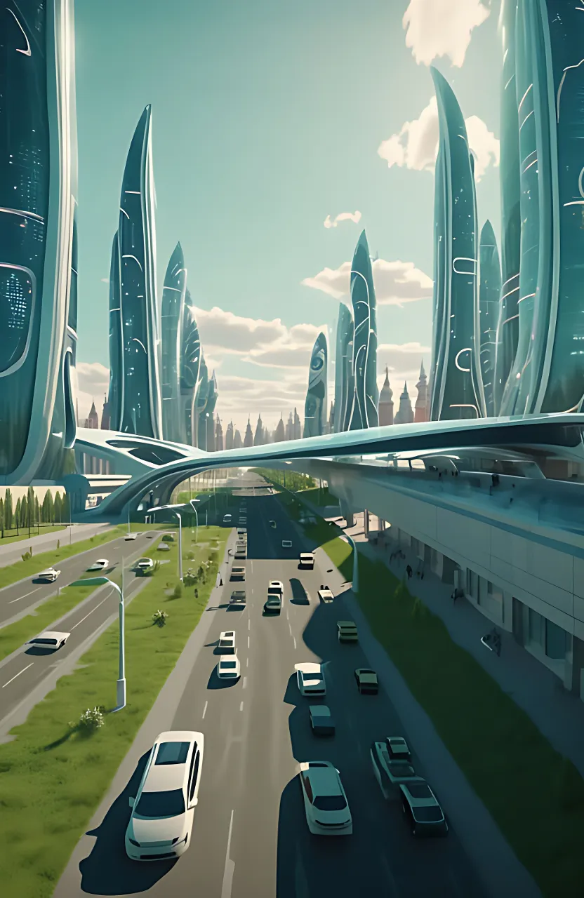 a futuristic city with tall buildings and cars