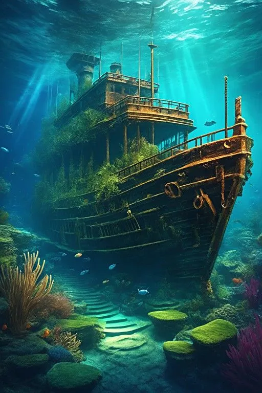 an underwater scene of a ship in the ocean