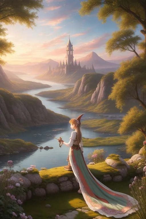 a painting of a woman in a long dress looking at a castle