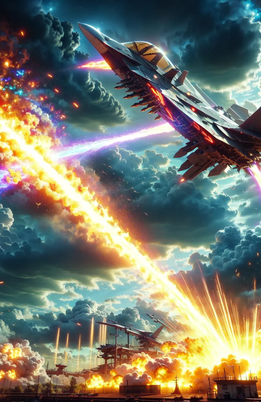 a large jet flying through a war zone evading plasma lasers 