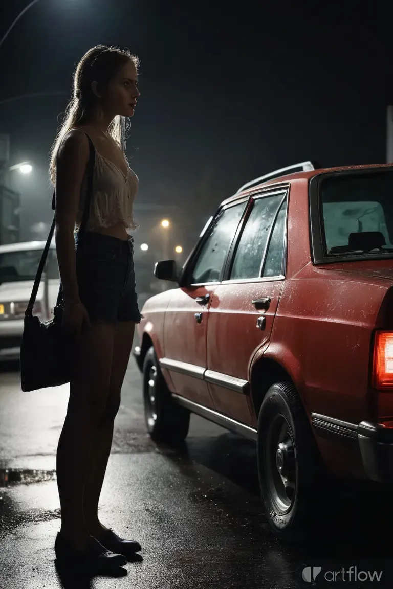 a woman standing in front of a red car