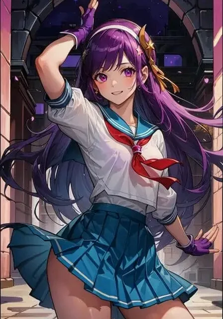 a girl with purple hair wearing a school uniform