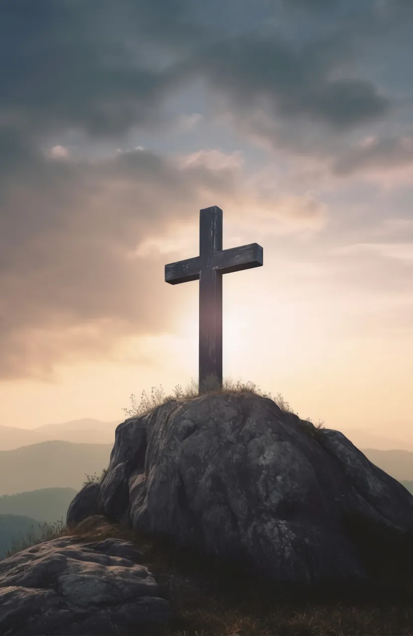 a cross sitting on top of a large rock