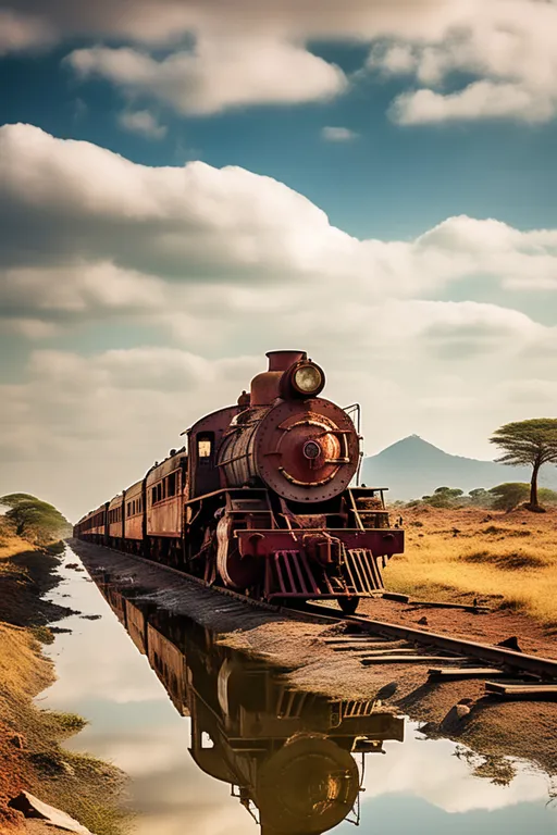 an Indian steam train rusty old  sitting  down tracks next to a body of water