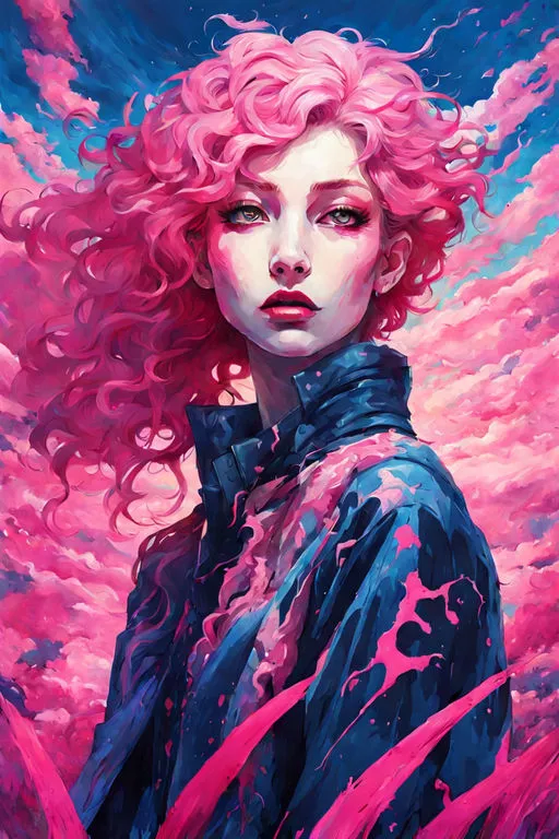 A spray-paint portrait of a woman with pink hair